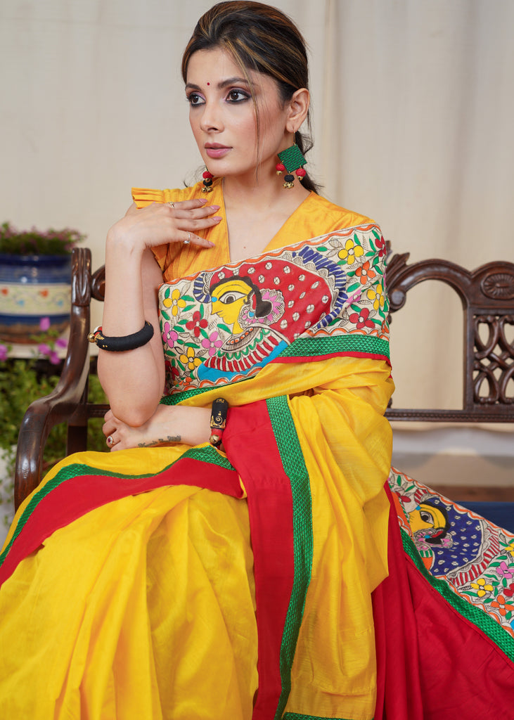 Yellow Chanderi silk saree with beautiful Madhubani painting