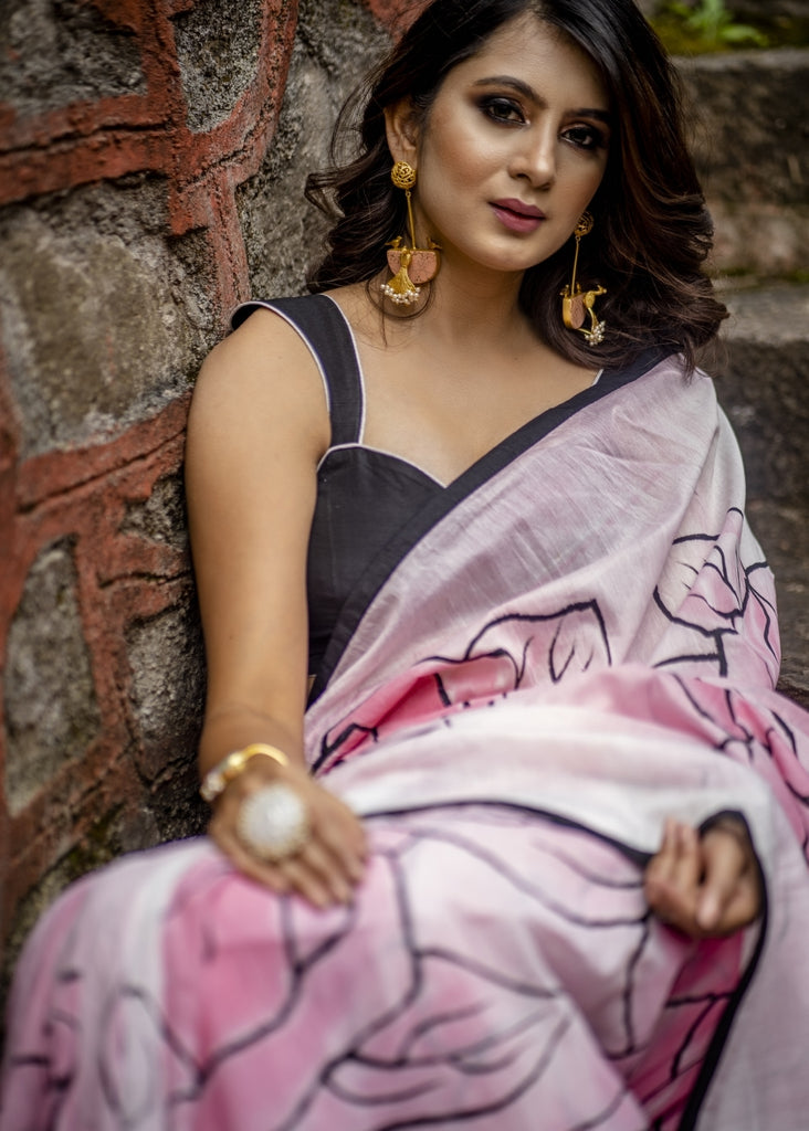 Exclusive hand painted saree with abstract rose motifs