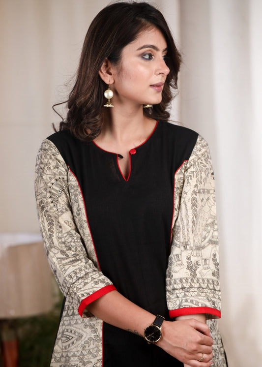 Black cotton tunic with Madhubani printed combination