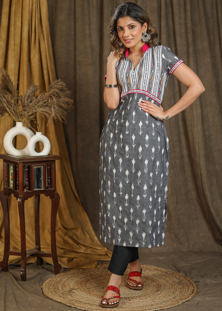 Elegant Grey Cotton Ikat Combination Straight Cut Kurta - Pant Optional