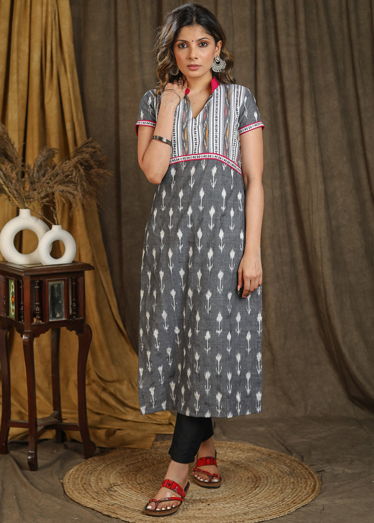 Elegant Grey Cotton Ikat Combination Straight Cut Kurta - Pant Optional