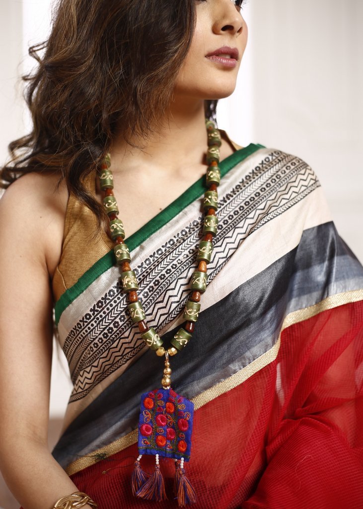 Fern green wooden handcrafted beads & royal blue embroidered pendant necklace - Sujatra