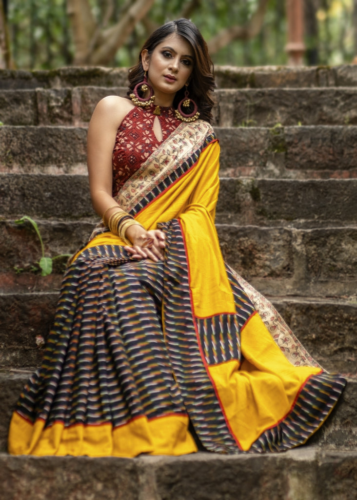 Ikat & madhubani painted border combination exlcusive cotton saree