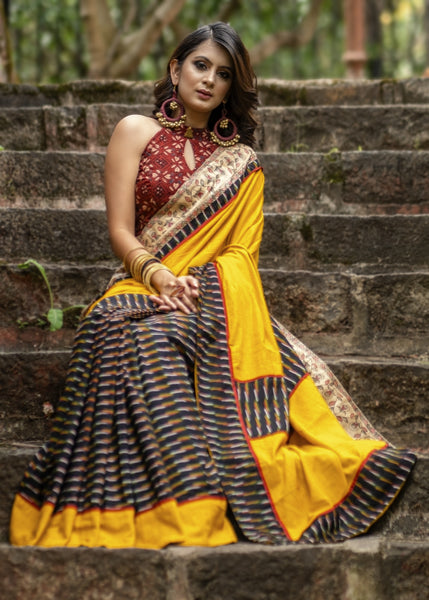 Ikat & madhubani painted border combination exlcusive cotton saree