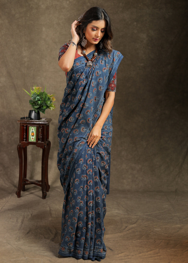 Elegant blue block printed Cotton Ajrakh saree
