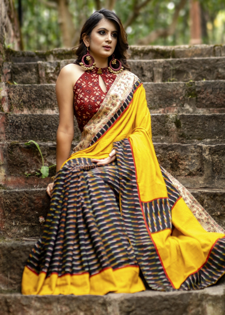 Ikat & madhubani painted border combination exlcusive cotton saree