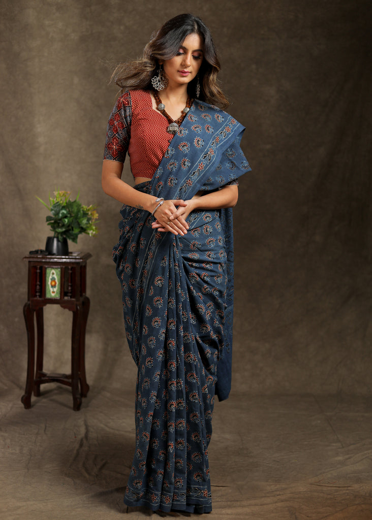Elegant blue block printed Cotton Ajrakh saree