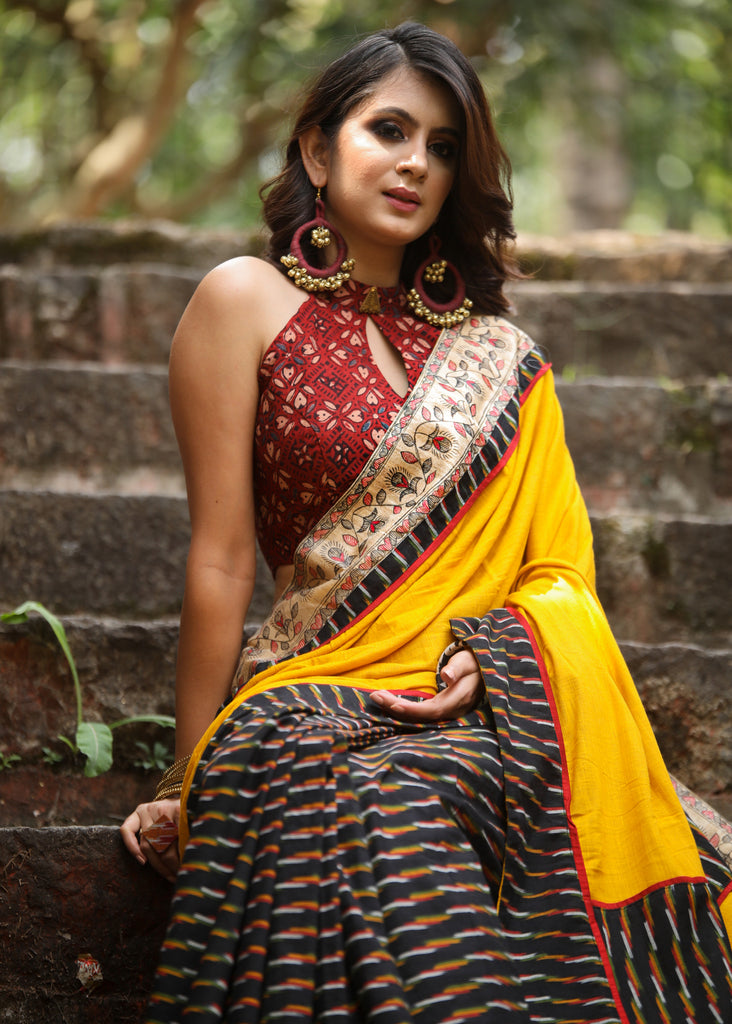 Ikat & madhubani painted border combination exlcusive cotton saree