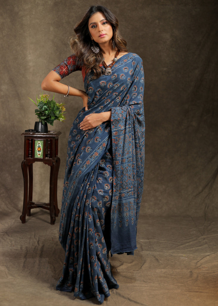 Elegant blue block printed Cotton Ajrakh saree