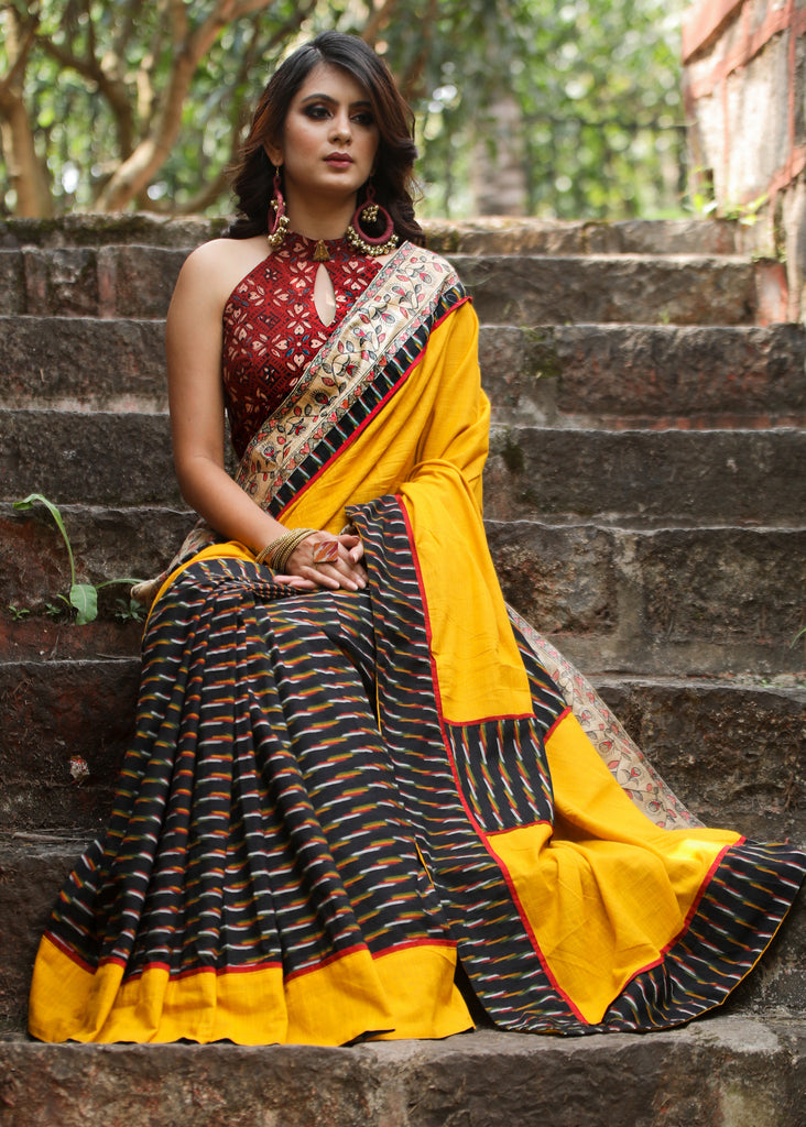 Ikat & madhubani painted border combination exlcusive cotton saree