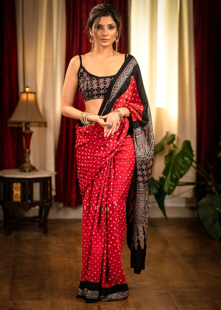 Red modal silk Bandhej saree with Ajrakh pallu and border