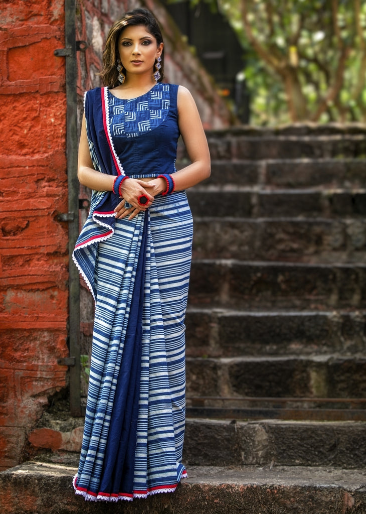 Designer indigo block printed saree with lace border