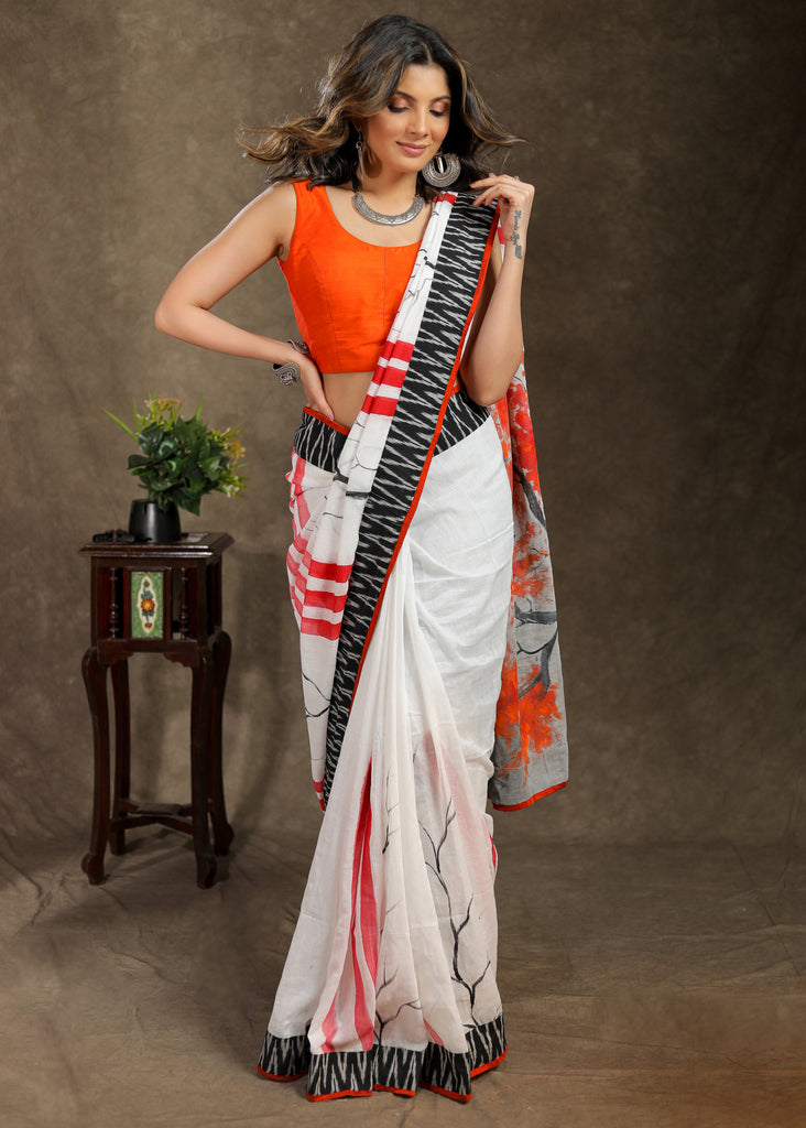 White Cotton orange hand painted saree with beautiful Ikkat border