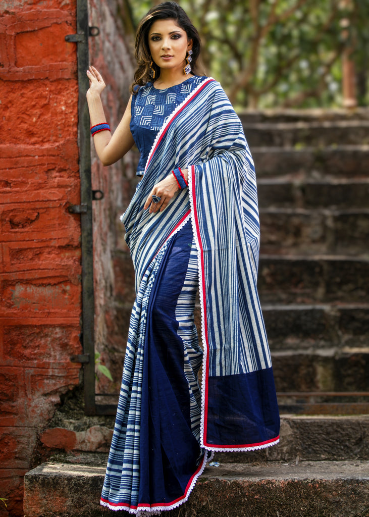 Designer indigo block printed saree with lace border