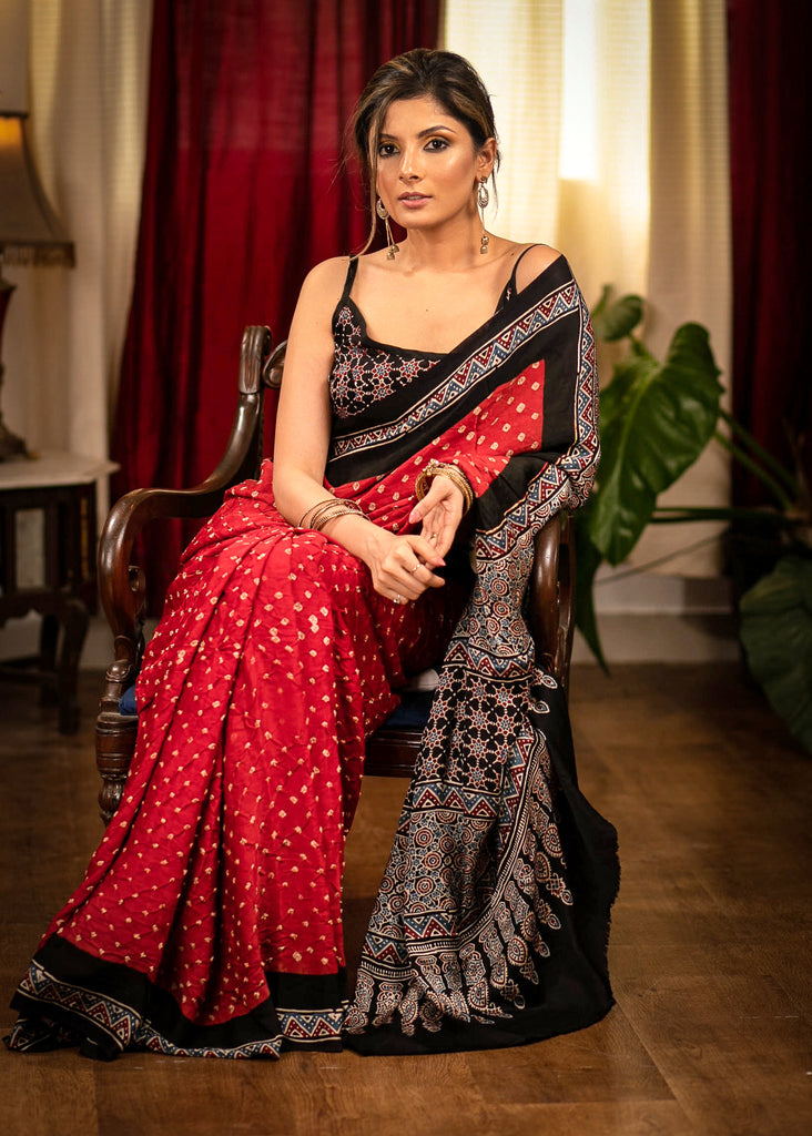 Red modal silk Bandhej saree with Ajrakh pallu and border