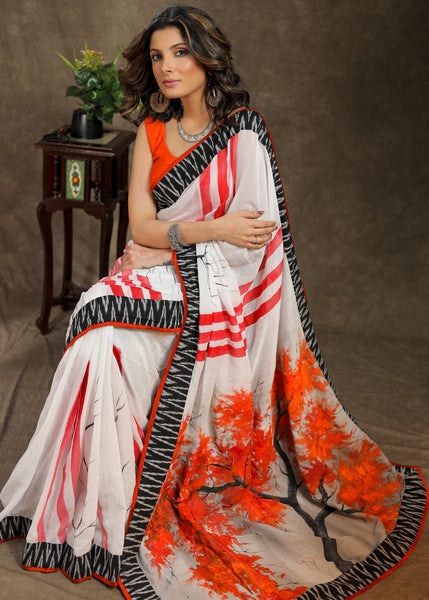 White Cotton orange hand painted saree with beautiful Ikkat border