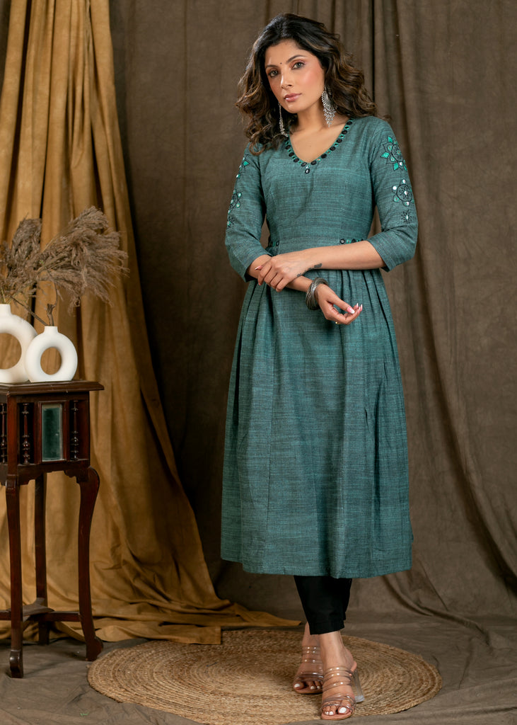 Classy Green Pure Cotton A-Line Pleated Kurta with Hand-Made Mirror Work On Neck and Sleeves - Pant Optional