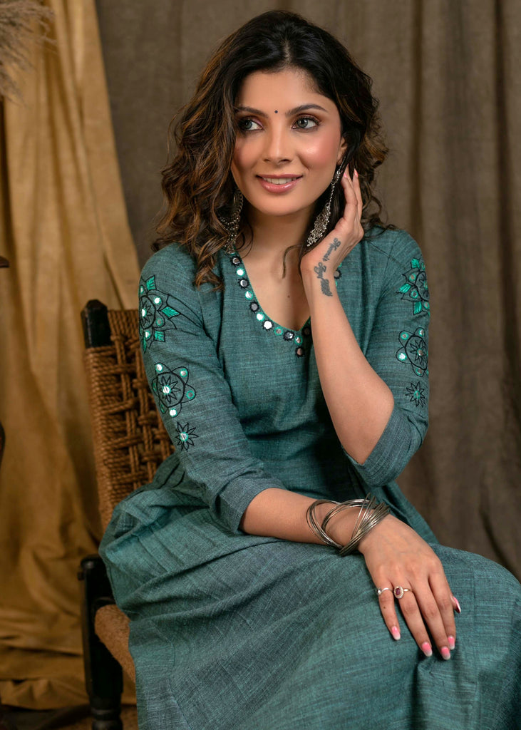 Classy Green Pure Cotton A-Line Pleated Kurta with Hand-Made Mirror Work On Neck and Sleeves - Pant Optional