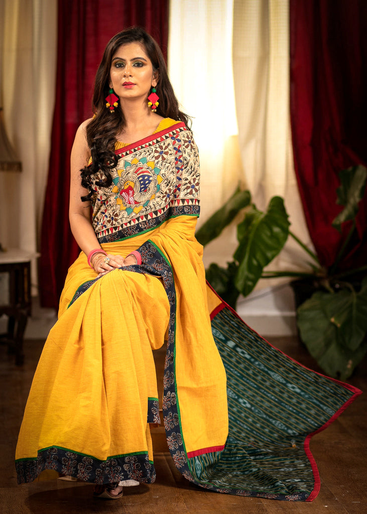 Mustard handloom cotton saree with hand painted madhubani patch and sambalpuri ikat pallu