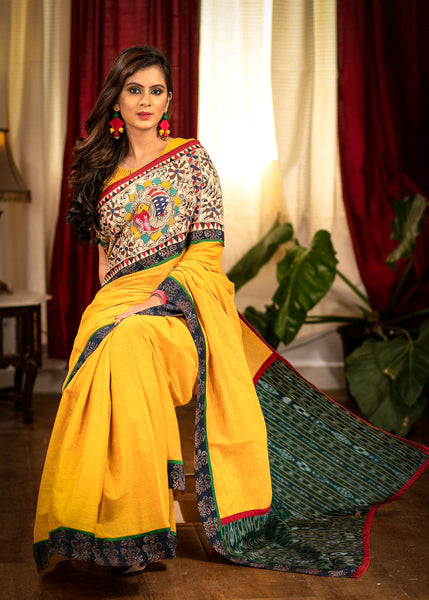 Mustard handloom cotton saree with hand painted madhubani patch and sambalpuri ikat pallu