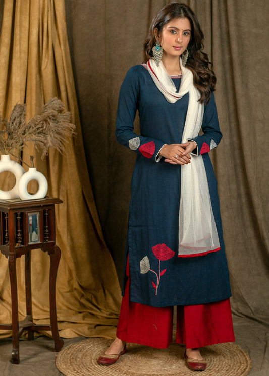 Beautiful cotton Straight cut kurta with flower Embroidery