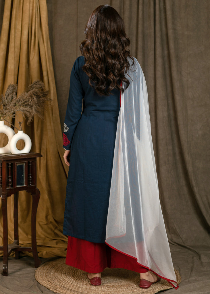 Beautiful Flower Embroidered Cotton Full Sleeves Straight Cut Kurta Pant Set - Dupatta Optional