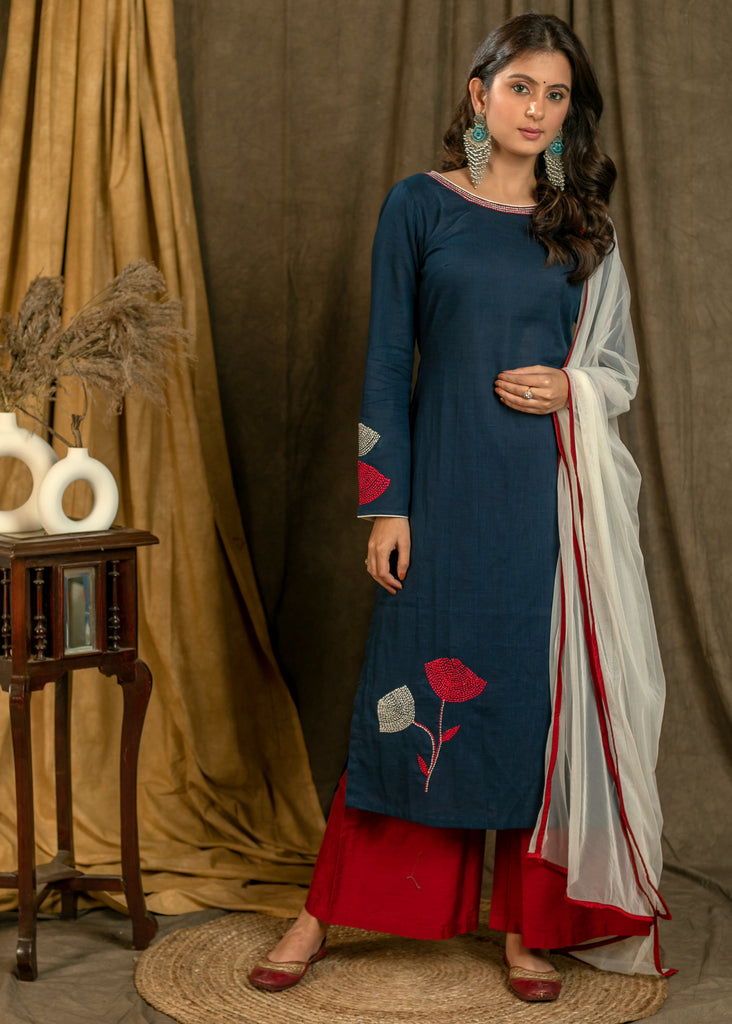 Beautiful Flower Embroidered Cotton Full Sleeves Straight Cut Kurta Pant Set - Dupatta Optional