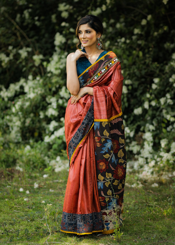 Rust pure raw silk saree with hand painted kalamkari pallu & mirror work & ajrakh border