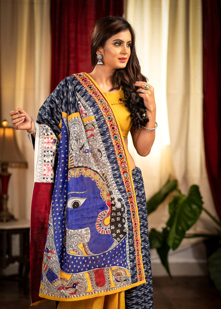 Blue ikaat designer saree with hand painted Madhubani pallu & Kutch mirror work