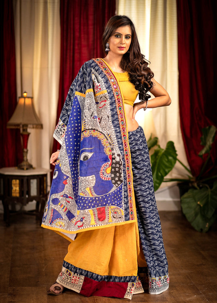 Blue ikaat designer saree with hand painted Madhubani pallu & Kutch mirror work