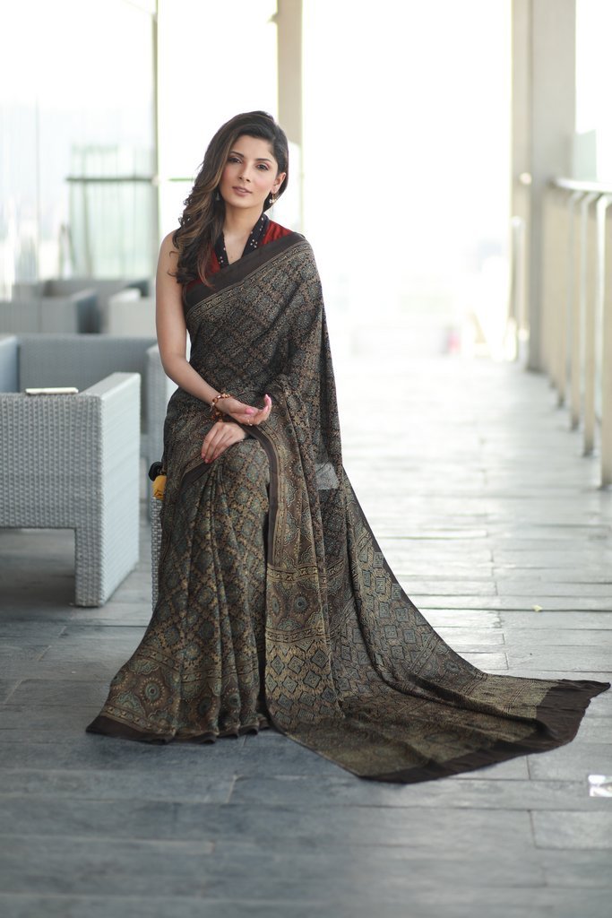 Exclusive modal silk hand block print dark green ajrakh saree