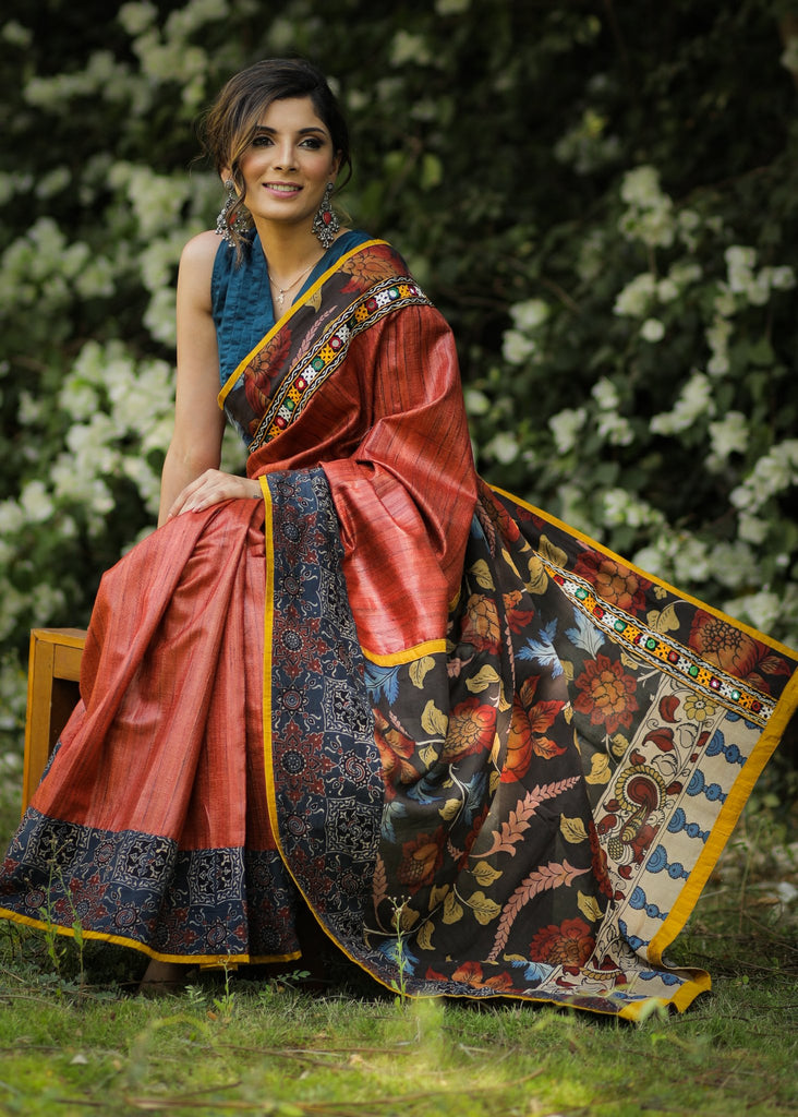 Rust pure raw silk saree with hand painted kalamkari pallu & mirror work & ajrakh border