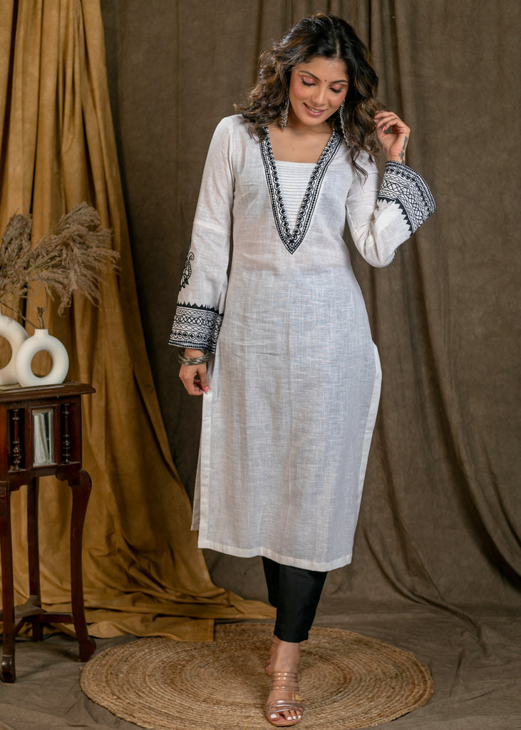 Elegant White Cotton Straight Cut Kurta with Bell Sleeves and Contrast Embroidery On Neck and Sleeves - Pant Optional
