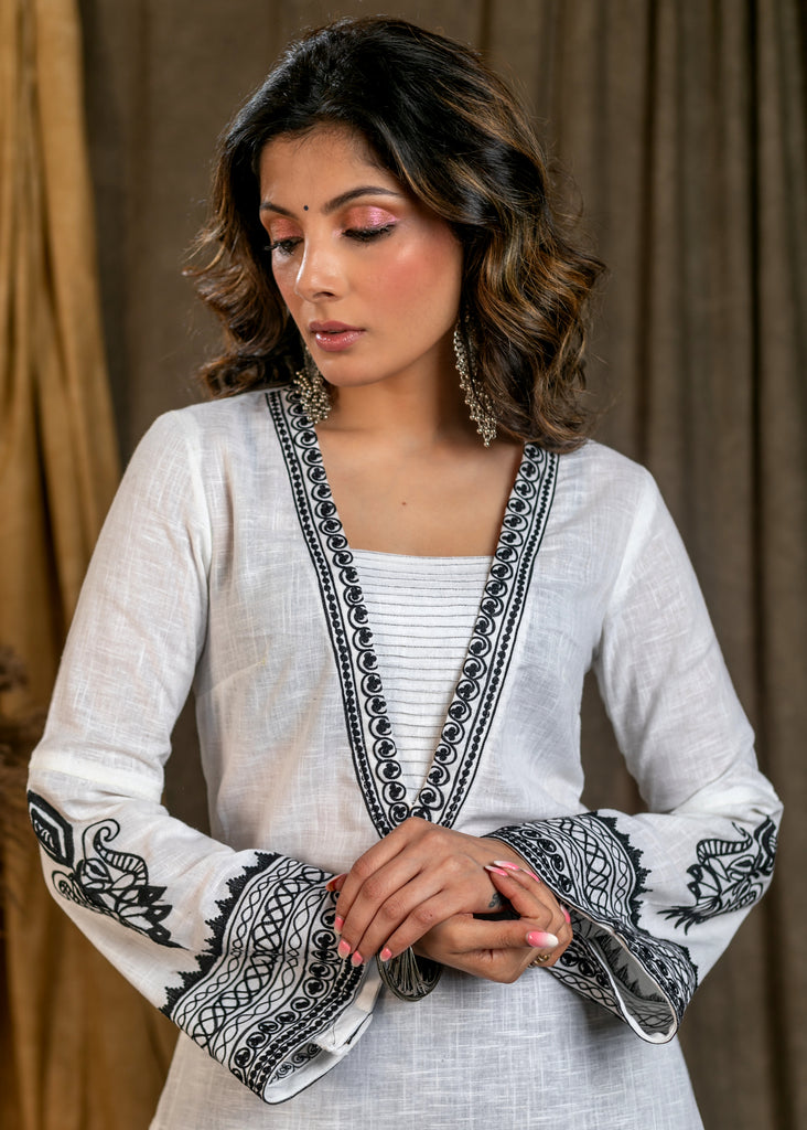 Elegant White Cotton Straight Cut Kurta with Bell Sleeves and Contrast Embroidery On Neck and Sleeves - Pant Optional
