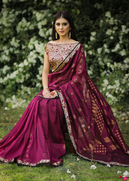 Magenta organic linen Jamdani saree