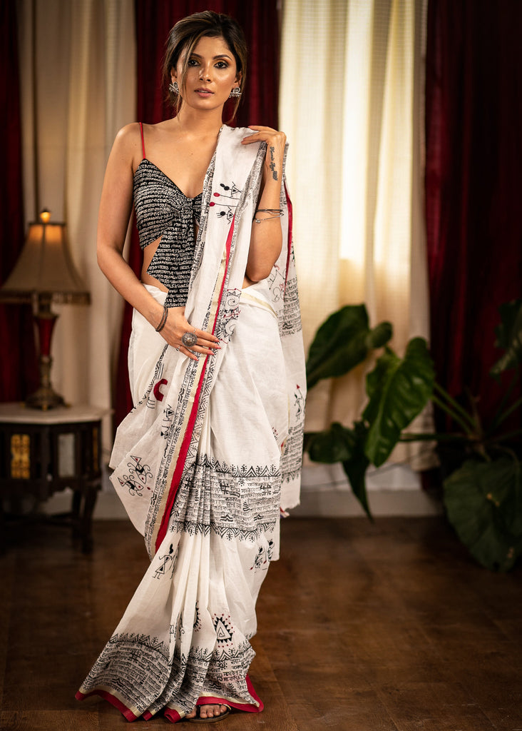 Exclusive mantra printed designer cotton saree with embroidered motifs