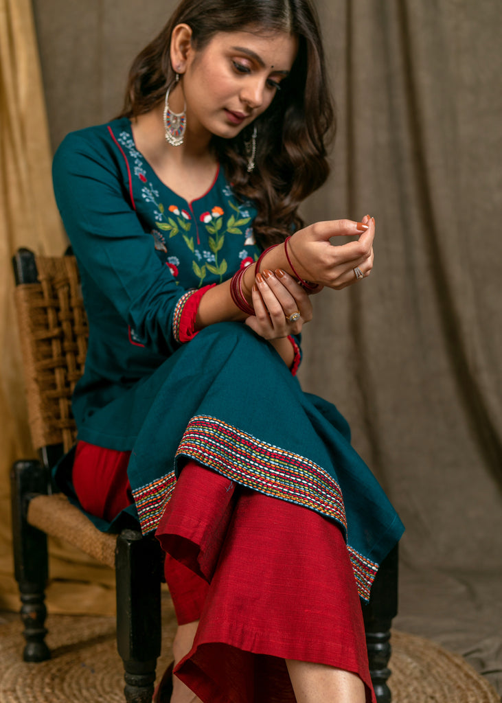 Exclusive Straight Cut Teal Blue Cotton Kurta Pant Set with Flamingo Work On Yoke and Embroidery On Hemline - Dupatta Optional