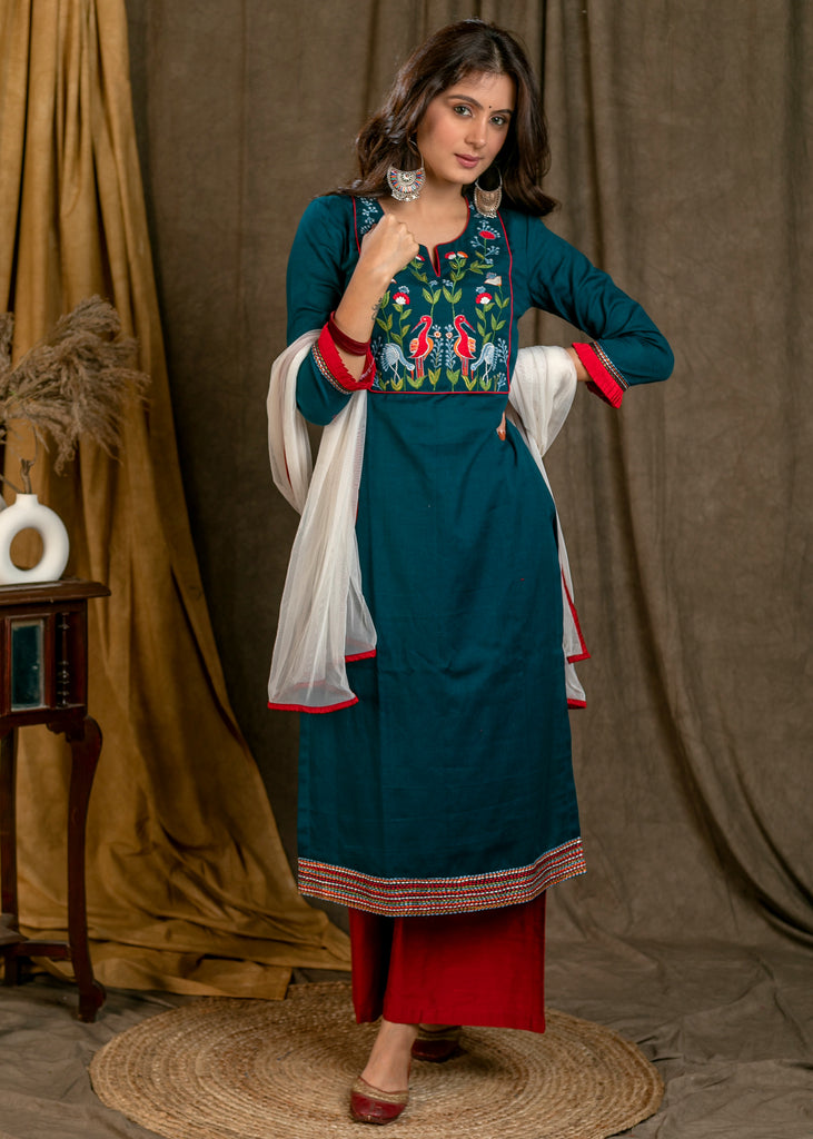Exclusive Straight Cut Teal Blue Cotton Kurta Pant Set with Flamingo Work On Yoke and Embroidery On Hemline - Dupatta Optional