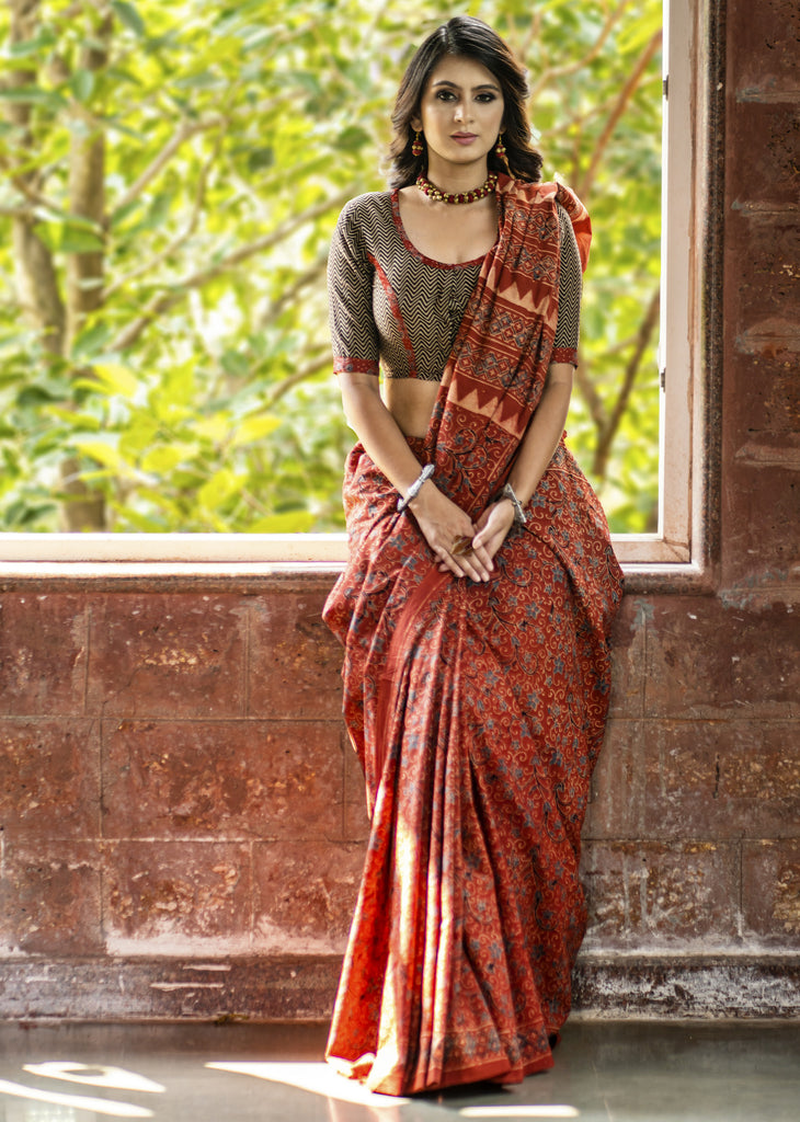 Exclusive natural color block printed maroon Ajrakh saree