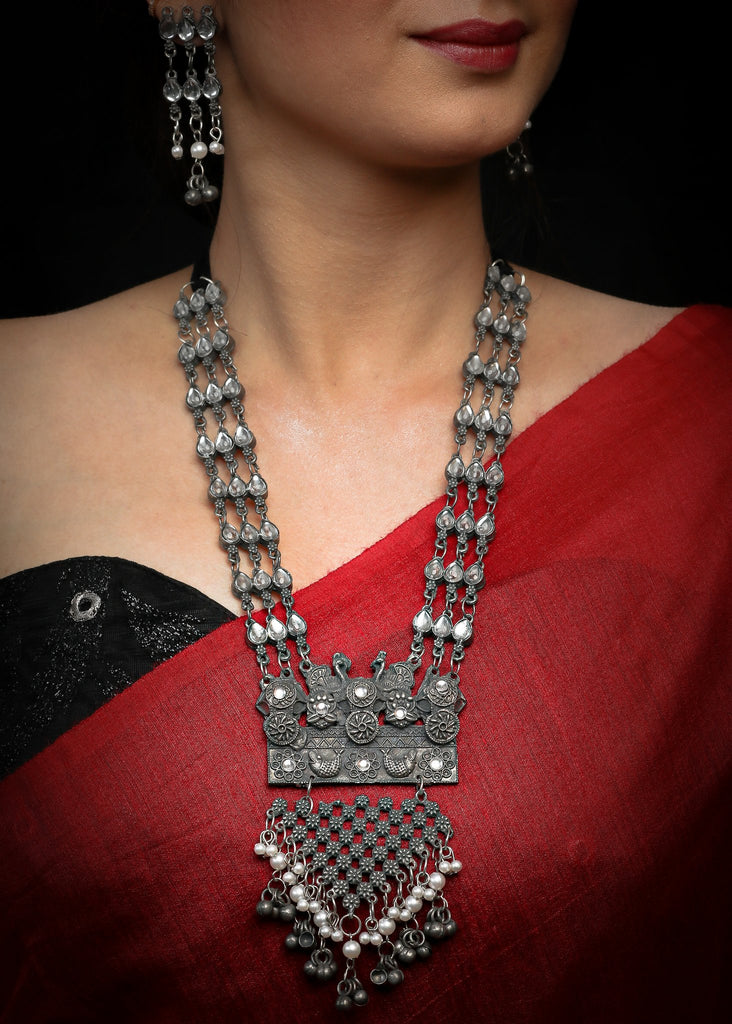 German Silver Oxidised necklace with stone work & matching jhumkas