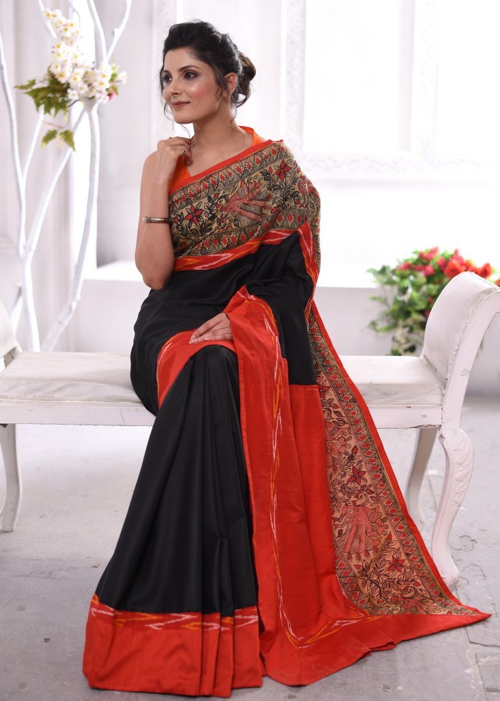 Black cotton silk saree with hand painted madhubani border & ikat border - Sujatra