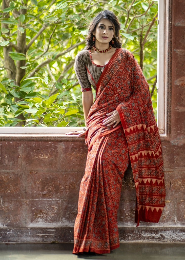 Exclusive natural color block printed maroon Ajrakh saree