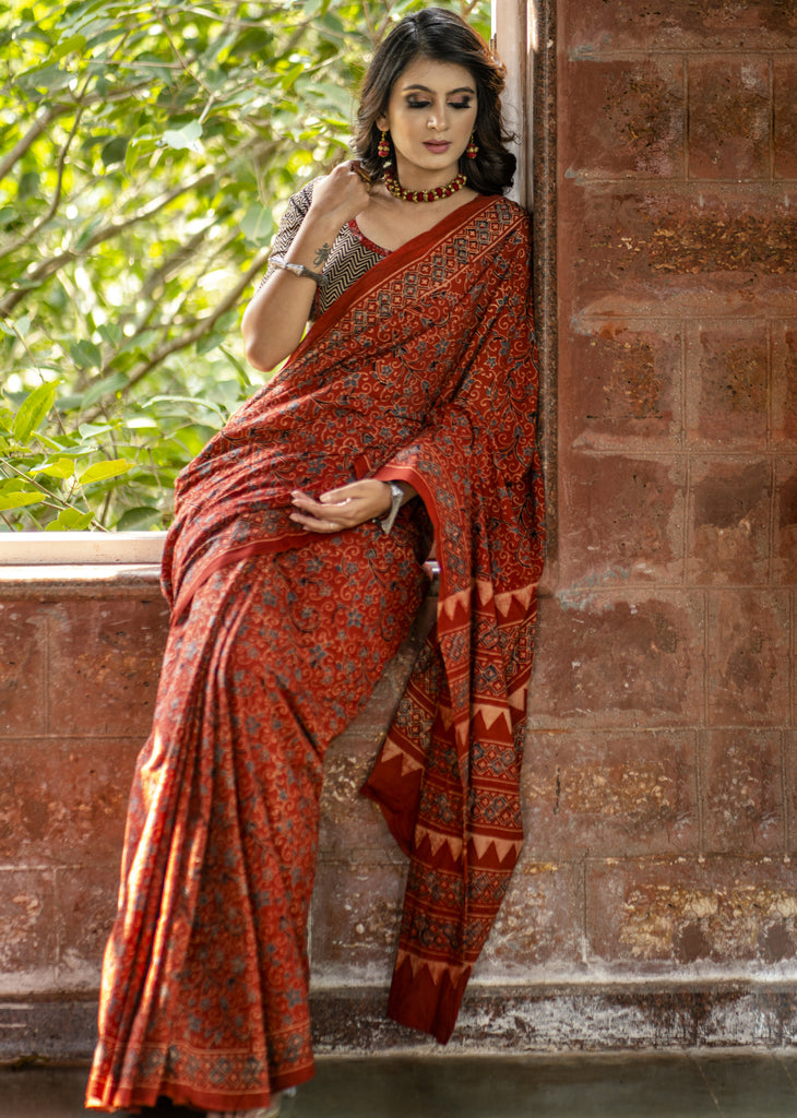 Exclusive natural color block printed maroon Ajrakh saree