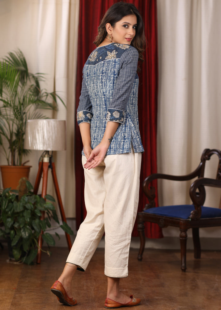 Indigo Top with beautiful embroidery on neck and sleeves