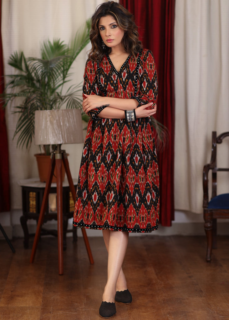 Black multicolor ikat gathered dress highlighted with velvet stone lace