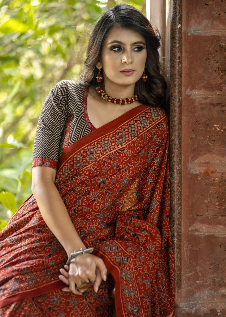 Exclusive natural color block printed maroon Ajrakh saree