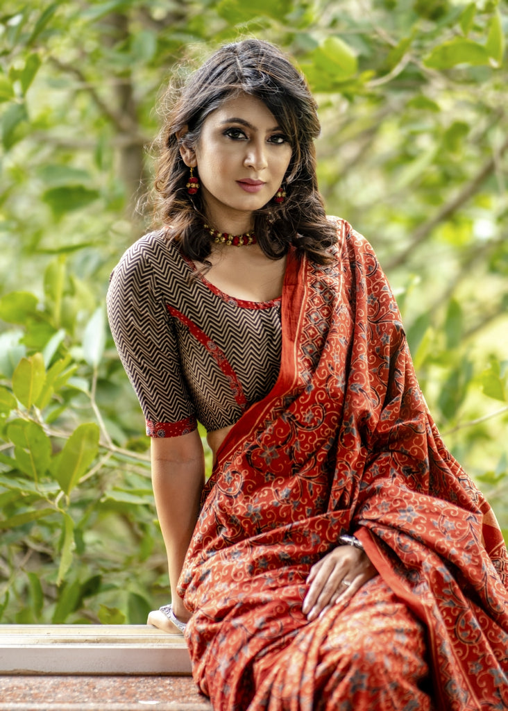 Exclusive natural color block printed maroon Ajrakh saree