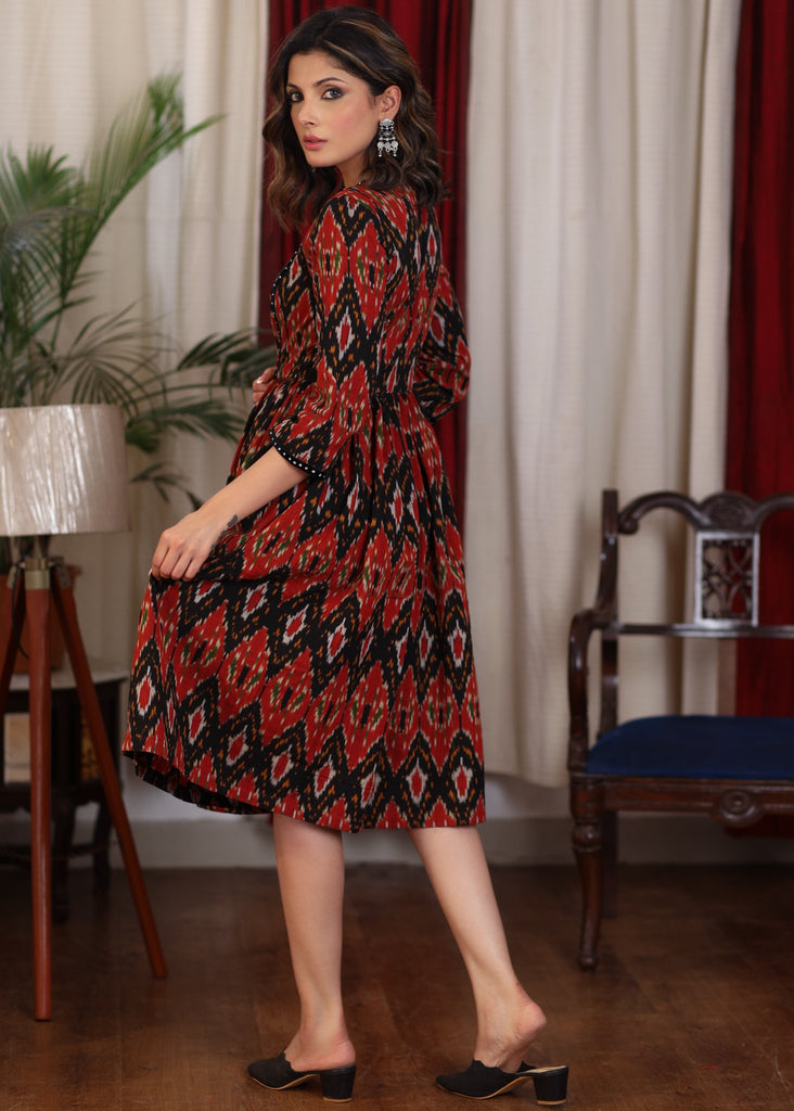 Black multicolor ikat gathered dress highlighted with velvet stone lace