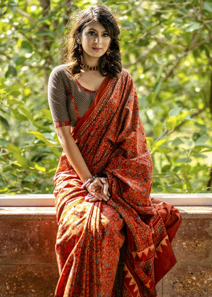 Exclusive natural color block printed maroon Ajrakh saree