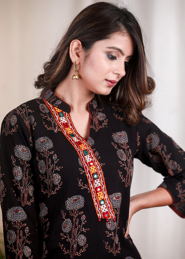 Floral Ajrak Kutch Mirror Work Placket Top